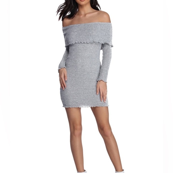 NWT🆕 Windsor Woman’s Medium Fold Over Knit Taupe Ruffled Long-Sleeve Mini Dress - Picture 4 of 12